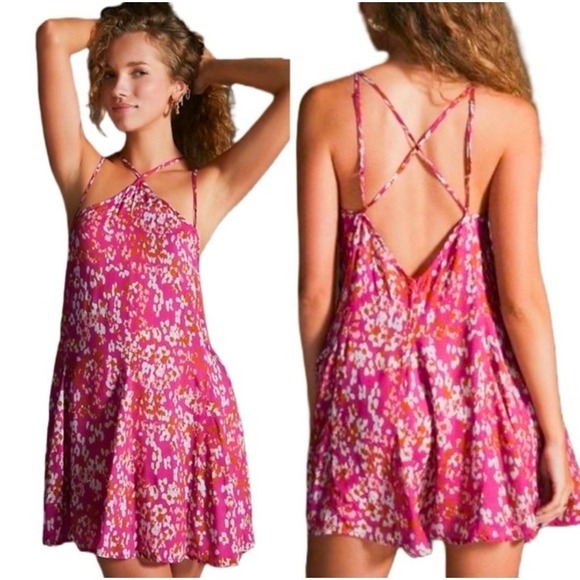 Anthropologie Dresses & Skirts - Anthropologie Pink Floral sheer Strappy Halter Mini Dress Open Back Large